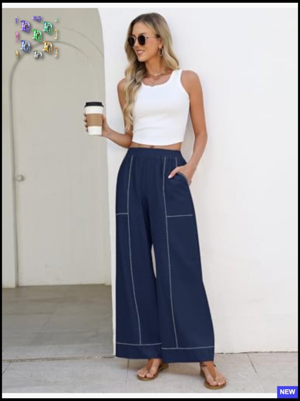 Elastic Waist Palazzo Pants Casual Wide Leg Baggy Lounge Trousers Pockets - Picture 6 of 7